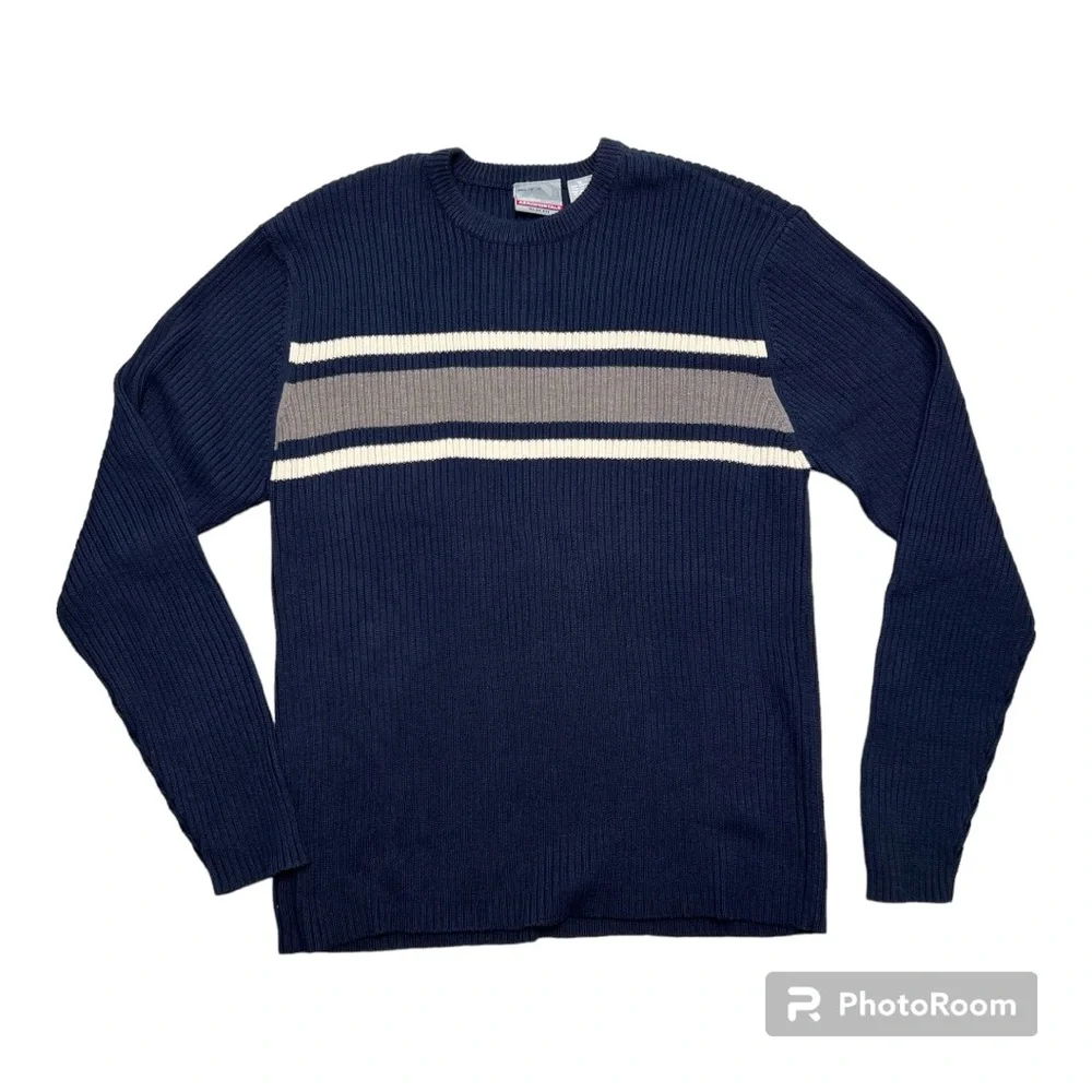Aeropostale Men’s Vintage Y2K Slim Fit Navy Crème/Gray Stripe Pullover Sweater